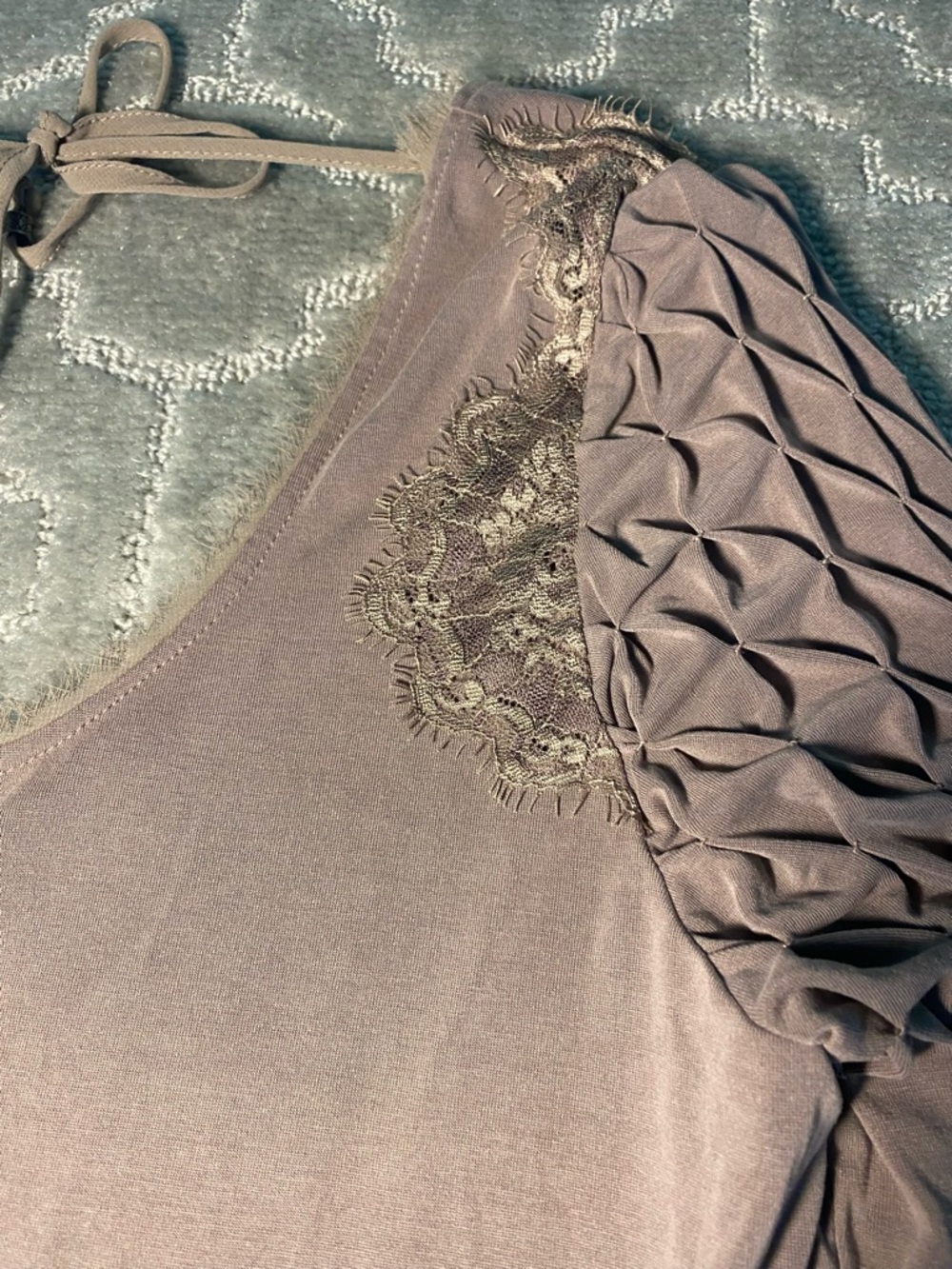 Free People Boho Tunic Dress‎ Large Taupe Lace Ruched Romantic Flowy Cottagecore - Picture 5 of 10